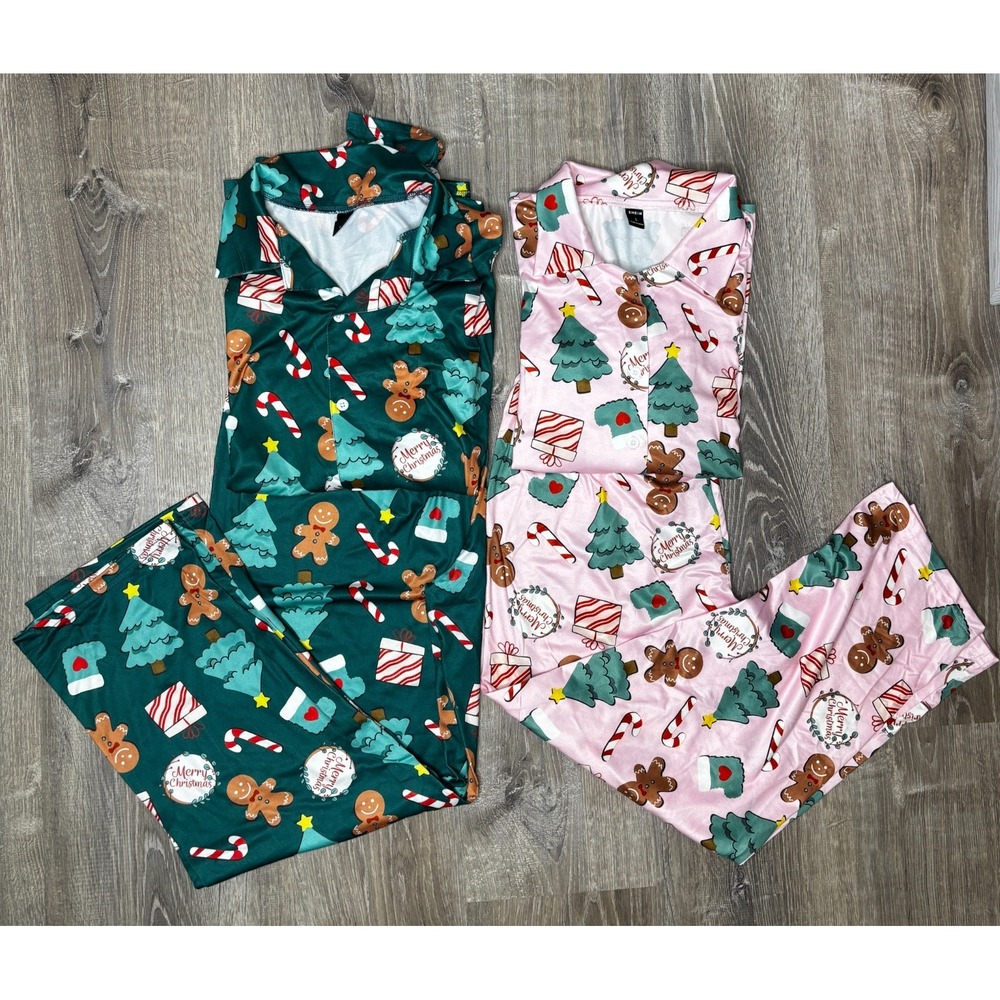 Matching Christmas Pajama Set Pink Gingerbread Tree Print Long Sleeve Small